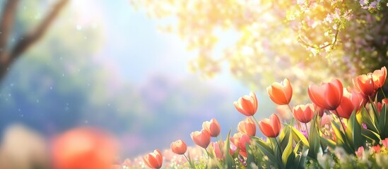Leinwandbilder - Vibrant tulips in shades of orange and pink bloom in a sunlit garden with soft bokeh effects and lush greenery in the background.