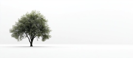 Fototapete - Lone green tree on white background slightly right of center with soft shadows creating a serene and minimalistic atmosphere.
