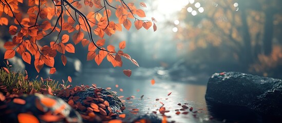 Aufkleber - Vibrant orange autumn foliage near a serene river with smooth rocks and beautiful bokeh effects enhances the tranquil fall atmosphere
