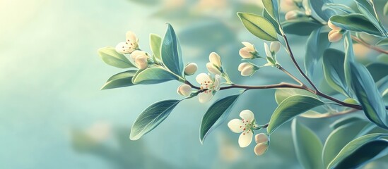 Poster - Delicate tree branch with soft white flowers and vibrant green leaves positioned on the right side against a gentle blue background with light.