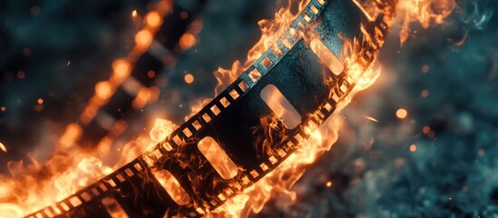 Poster - Vintage film strip frame engulfed in vibrant flames illuminated against a dark background creating a striking retro cinematic atmosphere