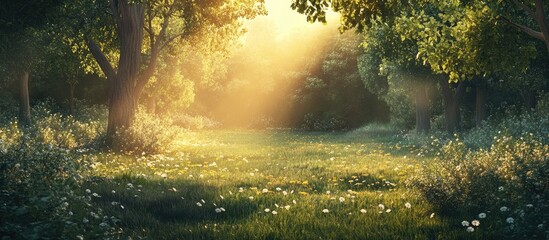 Poster - Serene sunlit forest clearing with vibrant green trees and golden rays filtering through, adorned with delicate white flowers in the foreground.