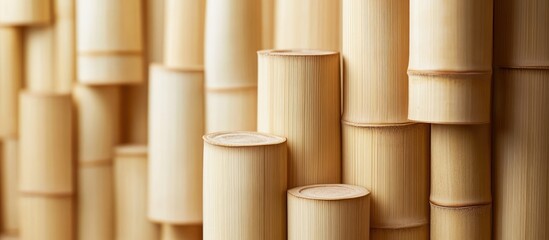 Poster - Bamboo craft materials arranged close-up featuring cylindrical shapes in natural beige tones on a textured bamboo background showcasing traditional art.