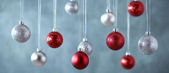Poster - Red and silver Christmas ornaments suspended against a soft blue background create a festive winter holiday ambiance with sparkling reflections.