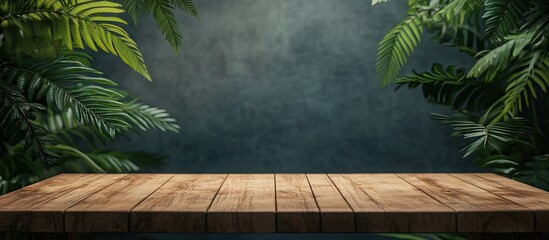 Poster - Wooden table in front of lush green tropical leaves with a dark textured background providing depth and atmosphere for product display.
