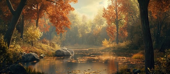 Poster - Autumn landscape showcasing vibrant orange and red foliage, serene water reflecting trees, rocks positioned foreground, warm golden light enhancing scene.