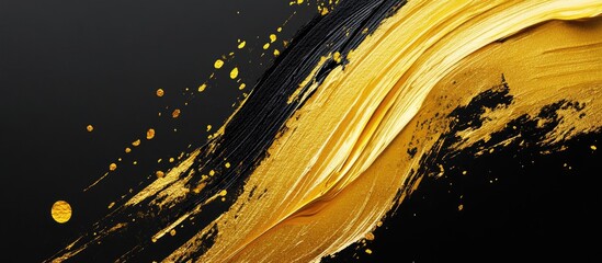 Fototapete - Gold and black paint splash with dynamic brush strokes on a dark background creating a visually striking and artistic abstract texture.