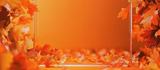 Leinwandbilder - Autumn themed background featuring vibrant orange and warm yellow leaves framing a clear glass section, creating a cozy seasonal atmosphere.