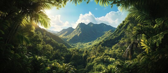 Aufkleber - Lush green jungle framing majestic mountains under a clear blue sky with bright sunlight creating a captivating natural landscape scene