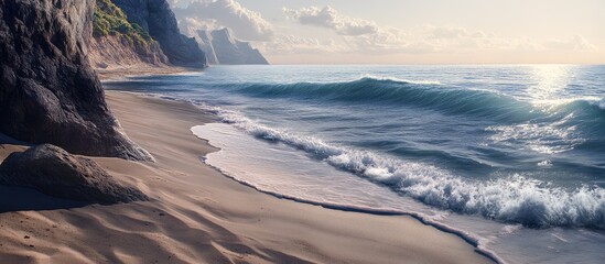 Aufkleber - Tranquil beach scene with gentle ocean waves rolling onto golden sandy shore under soft sunlight with rocky cliffs in background creating serene atmosphere