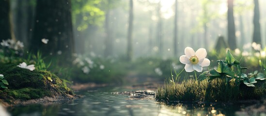 Leinwandbilder - Delicate white Anemonoides nemorosa flower in a serene forest by a gently flowing stream with lush green foliage and soft sunlight illuminating the scene.