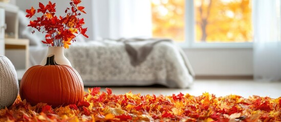 Poster - Cozy autumn living room with red and yellow leaves on the floor, vibrant flowers in a vase, and a decorative pumpkin against a light backdrop.
