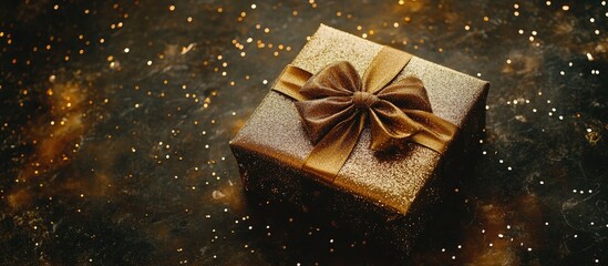 Poster - Elegant gift box wrapped in gold ribbon resting on a glittering cosmic background with sparkling stars and a dark celestial atmosphere.