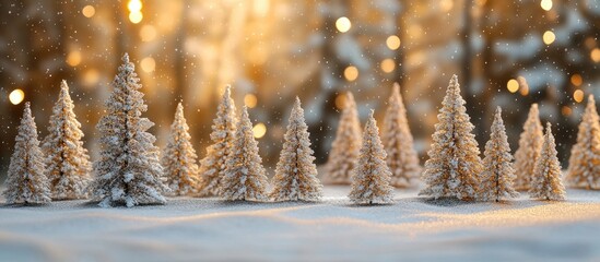 Aufkleber - Snow-covered miniature pine trees arranged in a serene winter landscape with warm golden bokeh lights in the background creating a magical atmosphere.