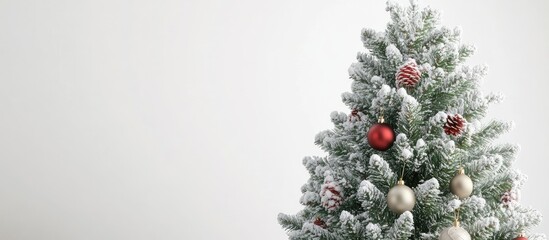 Poster - Frosted Christmas tree with red and gold ornaments on the right side against a plain white background creating a festive holiday atmosphere