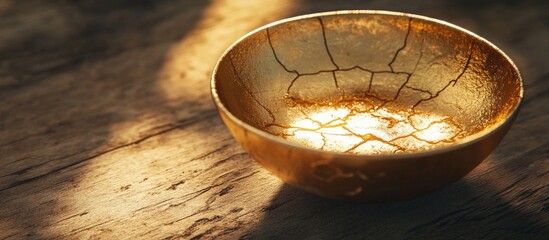 Poster - Bowl with golden kintsugi ointment resting on a wooden surface, showcasing cracked intricate details reflecting soft natural light.