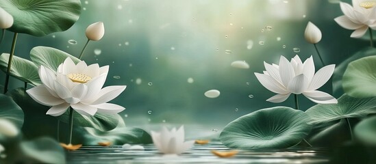 Fototapete - Elegant white lotus flowers bloom amidst vibrant green leaves in a serene pond, exuding tranquility in soft, natural light.