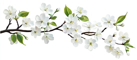 Aufkleber - Delicate branch of white flowering blossoms against a clean white background, showcasing vibrant green leaves, signifying spring's beauty.