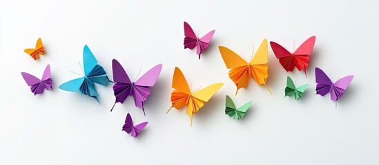 Poster - Colorful origami butterflies in various sizes arranged artistically on a smooth white background showcasing vibrant hues of orange, purple, green, and pink.