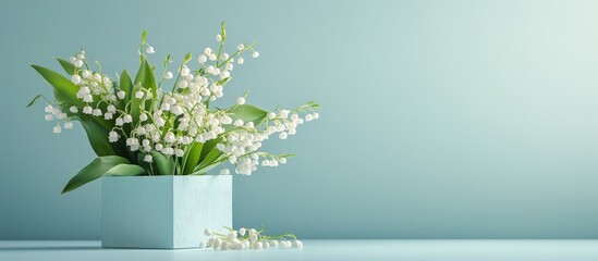 Aufkleber - White lily of the valley flowers in a light blue box on a pastel blue table with soft light creating a serene and tranquil atmosphere