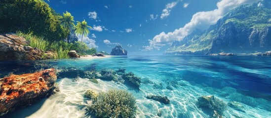 Aufkleber - Serene tropical landscape showcasing vibrant coral reefs with clear turquoise waters, lush green vegetation on rocky shores, and bright blue sky.