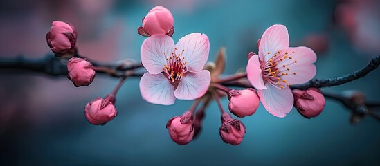 Aufkleber - Blossoming cherry flowers in soft pink hues against a blurred blue background, showcasing a serene spring landscape with budding blooms.