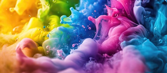 Poster - Vibrant abstract swirl of colors in shades of blue, pink, green, and yellow with dynamic fluid motion blending into one another.