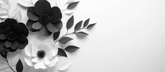 Aufkleber - Black and white paper flowers with dark leaves on a bright white background, arranged artistically in the upper left corner of the image.