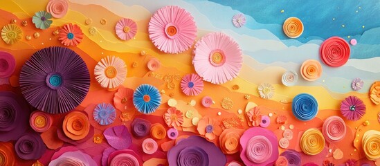Poster - Colorful celebration backdrop with vibrant paper flowers in pink, purple, and orange tones arranged on a blue and orange gradient background.