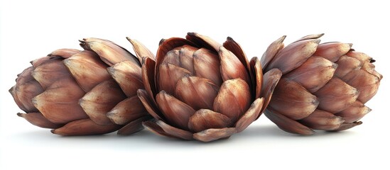 Poster - Three clustered brown pine cones on a white background showing intricate details and natural textures arranged symmetrically with a clipping path.