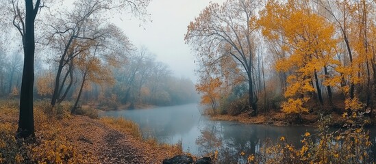 Fototapete - Foggy autumn forest scene with misty background, vibrant yellow leaves on trees, and serene water reflection in a panoramic view.