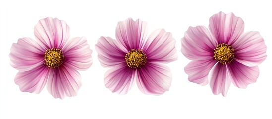 Leinwandbilder - Cosmos flowers in shades of pink with yellow centers arranged horizontally on a white background, creating a serene and vibrant morning scene