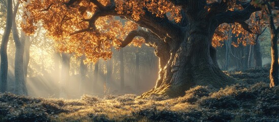 Fototapete - Majestic beech forest scene with vibrant autumn leaves, an ancient tree illuminated by soft sunlight, surrounded by ethereal mist and golden hues.