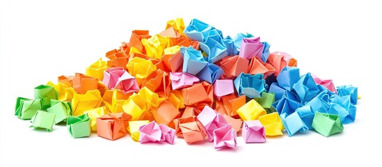 Poster - Colorful pile of origami paper cubes in vibrant hues of blue, orange, pink, yellow, and green arranged casually on a white background.