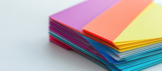 Poster - Colorful business cards stacked on a white surface with vibrant hues of pink, orange, blue, and yellow creating an organized and inviting presentation