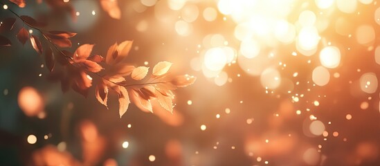 Poster - Autumn leaves with warm orange and golden hues softly illuminated in sunlight with blurred green background creating a serene fall atmosphere
