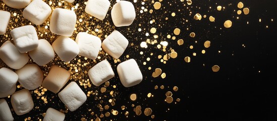 Poster - Marshmallows scattered across a black background with gold glitter elements creating a festive atmosphere for Christmas celebrations.