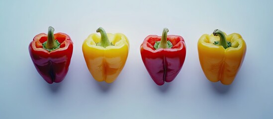 Poster - Colorful arrangement of red and yellow bell peppers on a light background, with two red peppers on the left and two yellow peppers on the right.