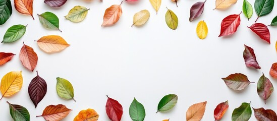Leinwandbilder - Colorful autumn leaves in various shades of green, yellow, orange, and red arranged in a decorative border on a clean white background.