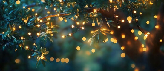 Aufkleber - Warm golden Christmas lights delicately draped across lush green branches creating a festive atmosphere with a soft blurred background.