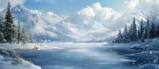 Aufkleber - Winter landscape features a frozen lake in the foreground with snow-covered mountains in the background under a clear blue sky and fluffy clouds.