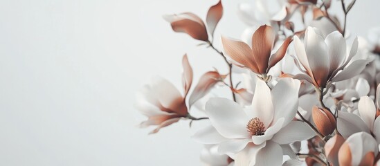 Aufkleber - Magnolia flower bouquet in soft pink and white hues arranged elegantly on a light grey background showcasing delicate petals and branches.