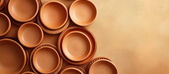 Aufkleber - Clay pottery bowls arranged in a circular pattern on a beige background showcasing earthy tones and textures for a rustic art display.