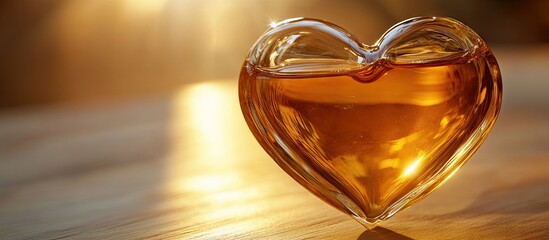 Poster - Heart-shaped glass bottle filled with amber liquid, softly illuminated by warm sunlight in the background, sitting on a wooden surface.