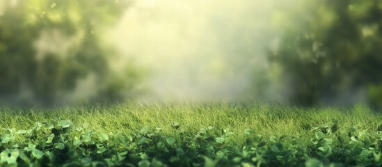 Leinwandbilder - Lush green lawn basking in soft sunlight with a serene blurred background showcasing gentle light and a peaceful atmosphere
