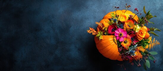 Leinwandbilder - Autumn bouquet of vibrant orange and pink flowers arranged in a pumpkin on a dark blue textured table background with natural elements scattered.