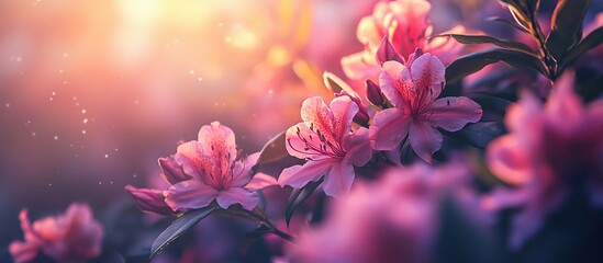 Poster - Vibrant pink Rhododendron flowers in soft focus foreground with warm golden sunlight creating a dreamy background highlighting nature's beauty