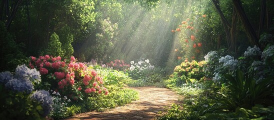 Poster - colorful garden path illuminated by sunlight with lush green foliage and vibrant flowers in shades of pink, purple, and white creating a serene atmosphere