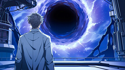 A man standing in front of a large black hole as an anime scientist unlocks cosmic secrets in a dramatic space scene