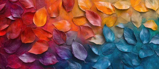 Leinwandbilder - Vibrant abstract art featuring colorful overlapping leaves in hues of orange, red, purple, and teal on a textured background blending softly together.